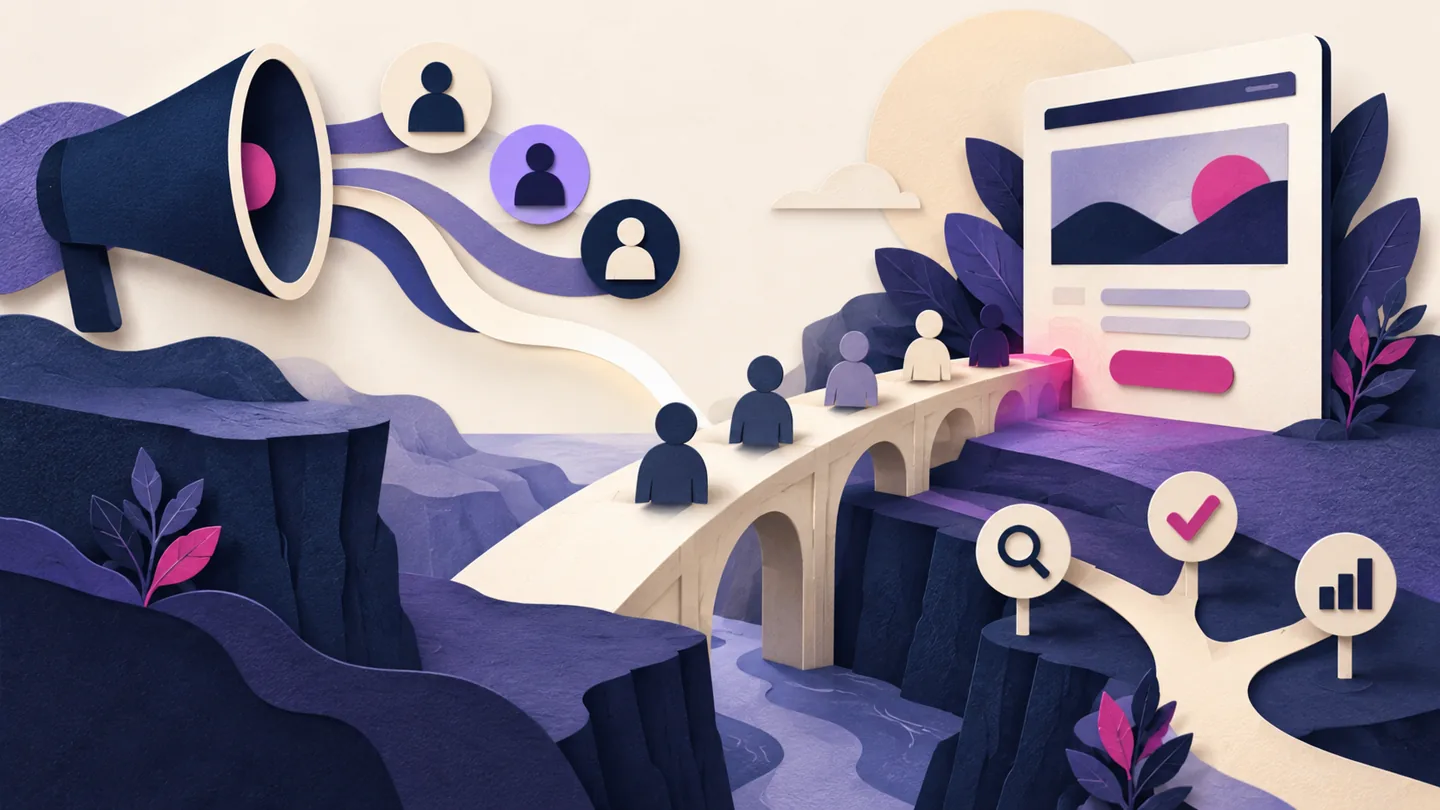 Editorial illustration exploring connect SaaS outreach to a landing page that explains the use case