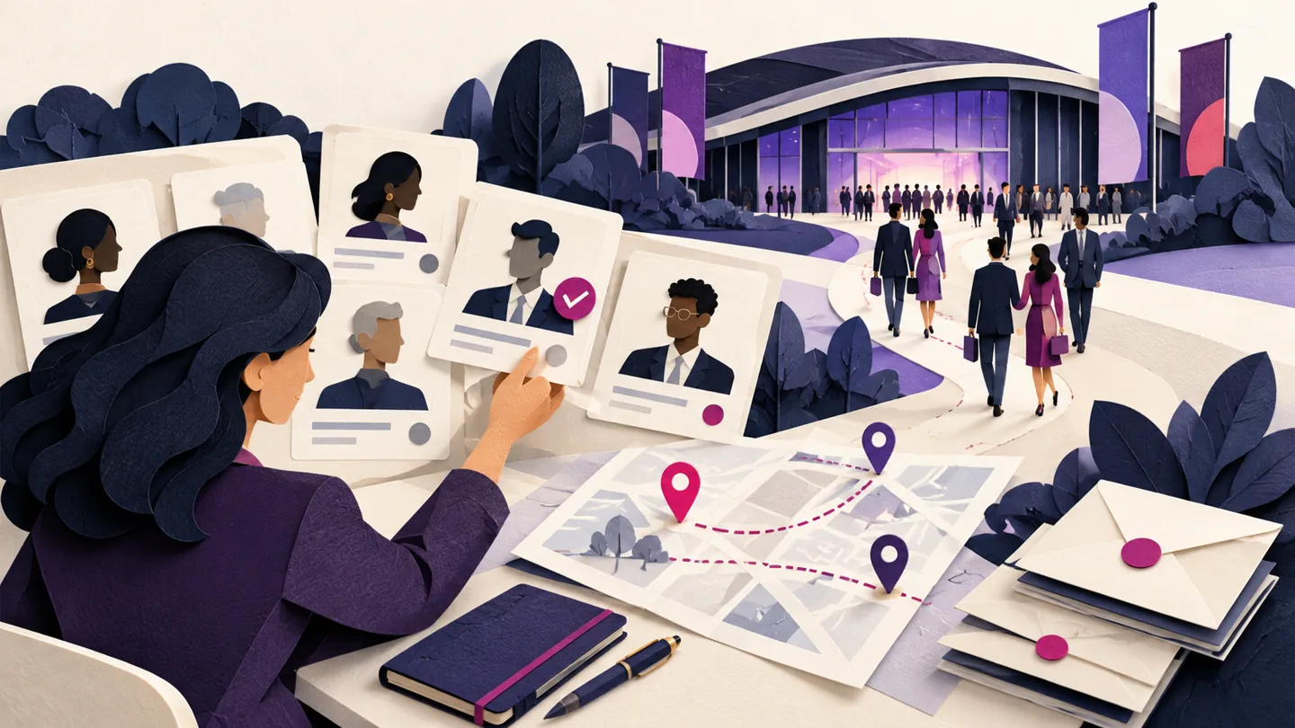 Editorial illustration exploring plan consulting outreach around an industry event