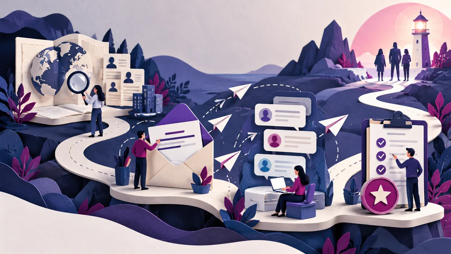 Editorial illustration exploring document an outreach process a professional firm can maintain