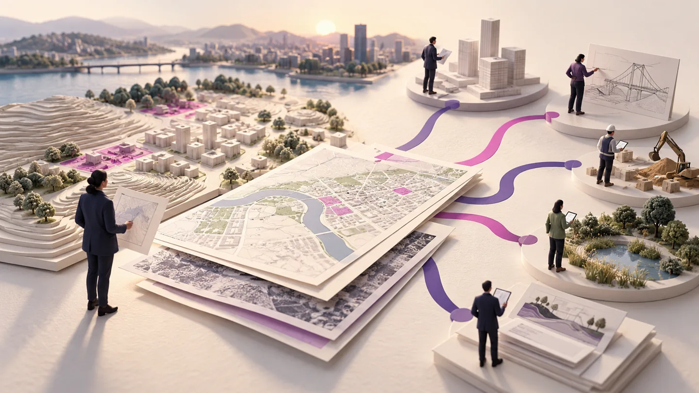 Editorial illustration exploring business development for engineering firms: research the project context