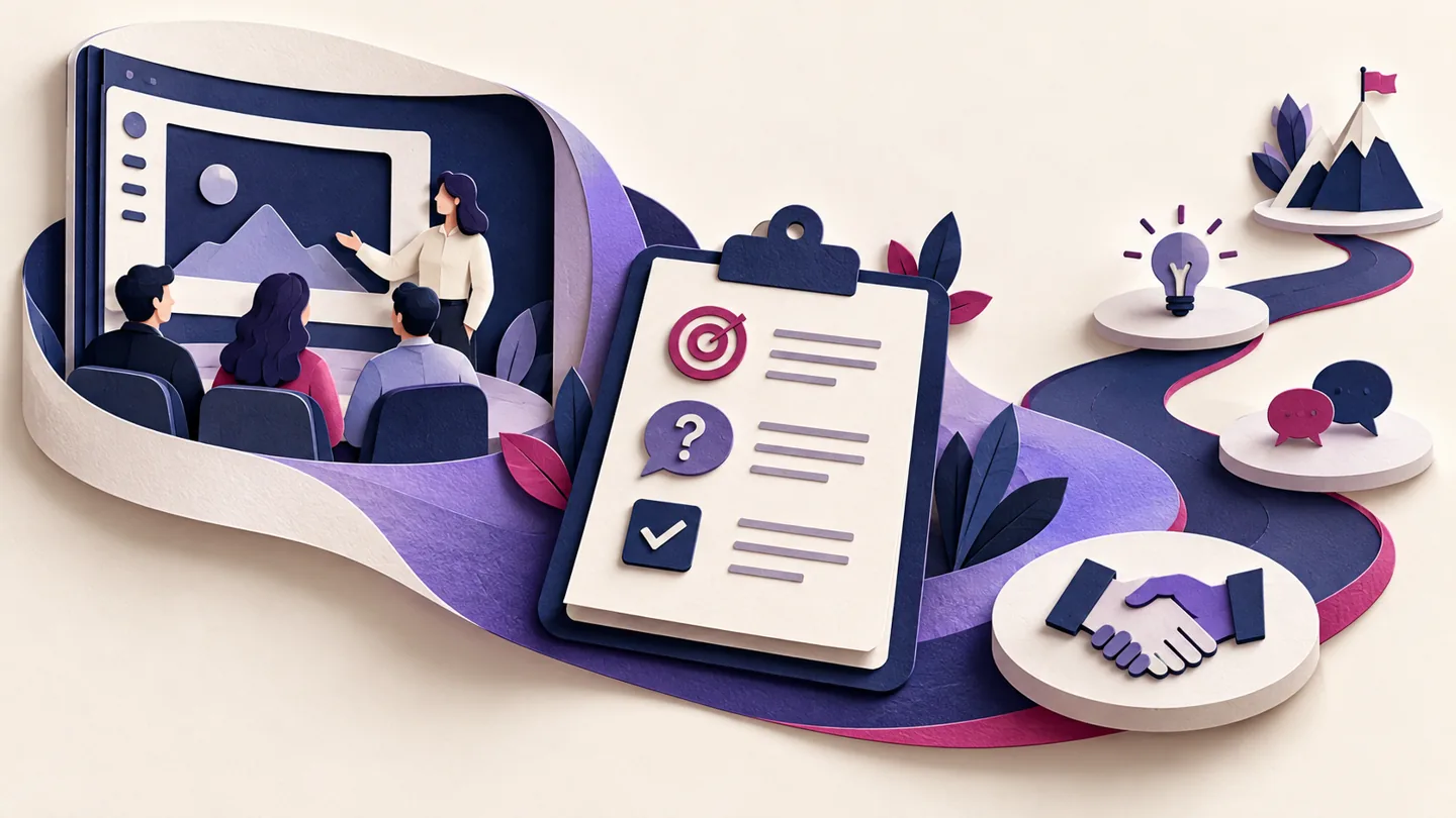 Editorial illustration exploring follow up after a SaaS demo with a useful evaluation plan