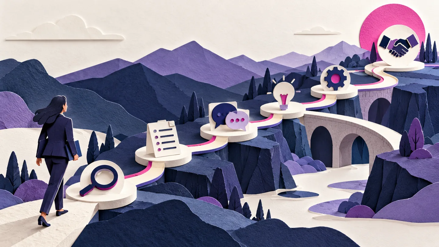 Editorial illustration exploring follow up through a long consulting sales cycle