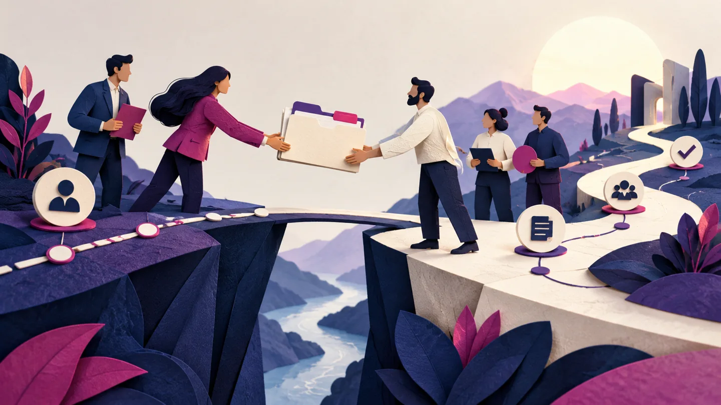 Editorial illustration exploring make the sales-to-onboarding handover work for professional services