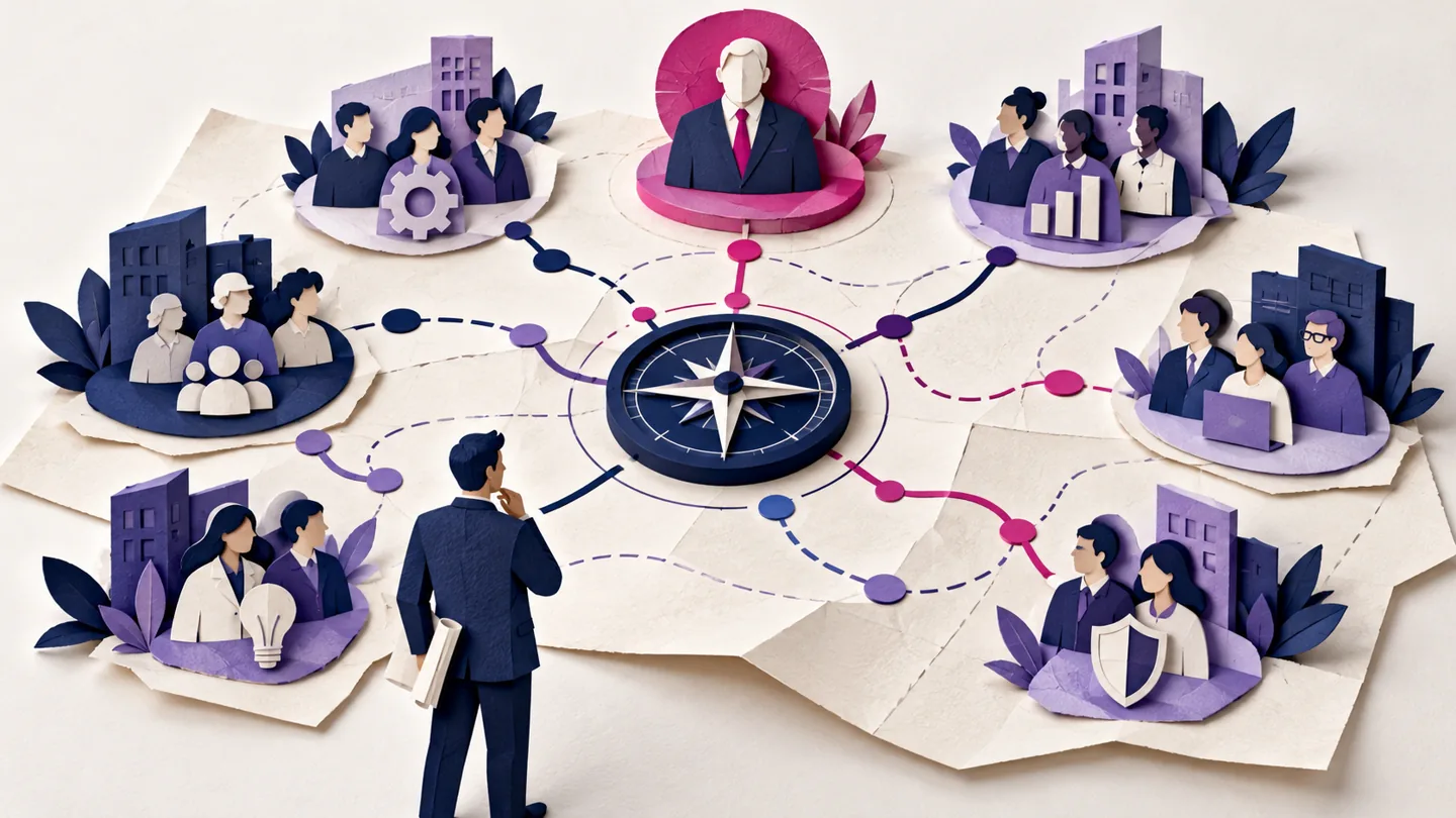Editorial illustration exploring map consulting stakeholders before multiplying your outreach